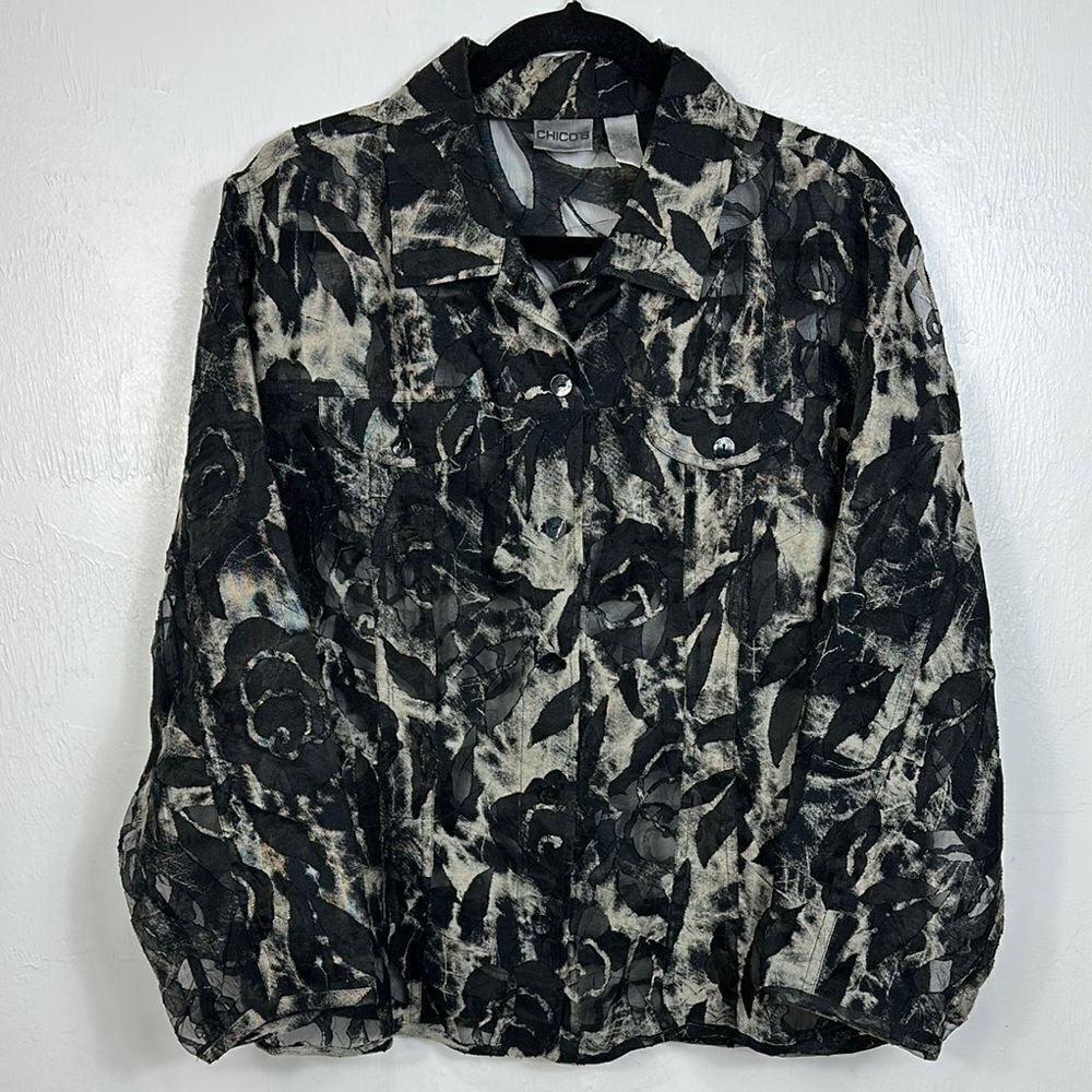 Chico’s Linen Blend Floral Pattern Sheer Lightweight Jacket Size XL